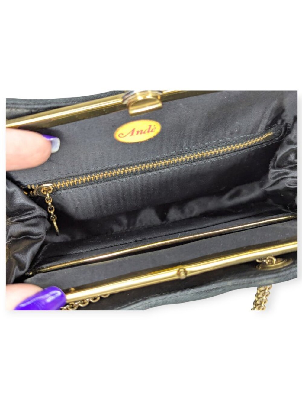 Ande Classic Black Shoulder Evening Bag with Adjustable Gold Tone Chain Strap - Picture 6 of 15